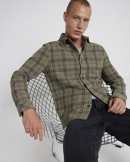 Khaki regular fit waffle texture check shirt