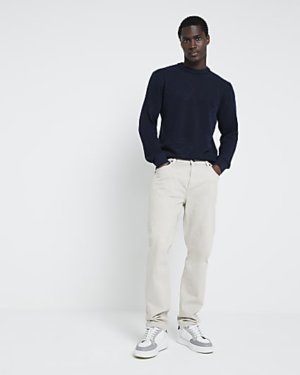 Navy slim fit crochet cable knit jumper