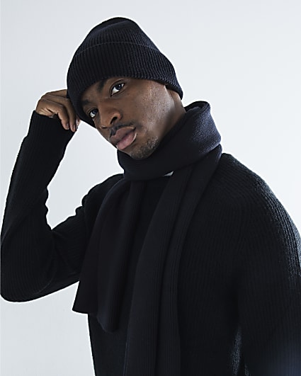 Black Ribbed  Beanie And Scarf Set