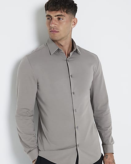 Grey slim fit stretch long sleeve shirt