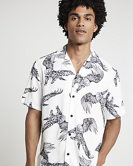 Beige Regular Fit Eagle Graphic Revere Shirt