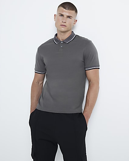 Grey slim fit taped short sleeve polo