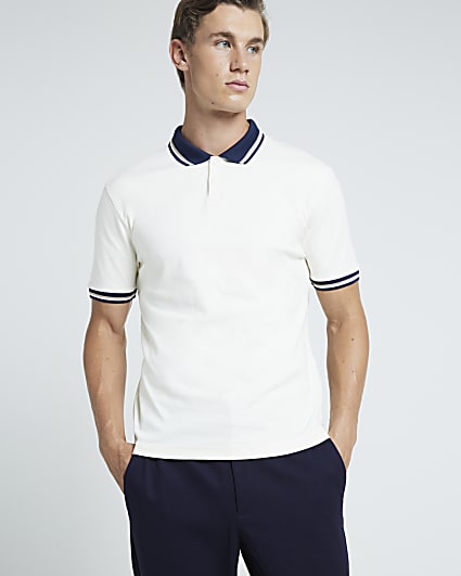 Beige slim fit taped short sleeve polo