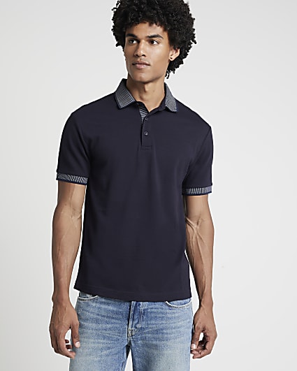 Navy slim fit contrast polo shirt