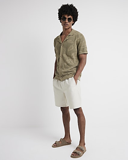 Khaki slim fit crochet floral polo shirt