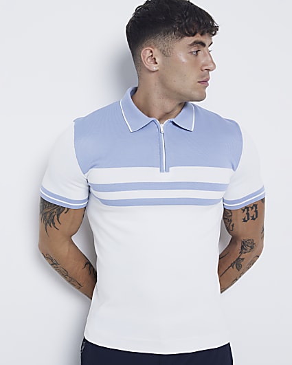 White muscle fit colour block knit polo shirt