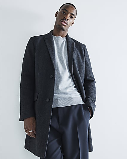 Grey Slim Fit Faux Wool Overcoat