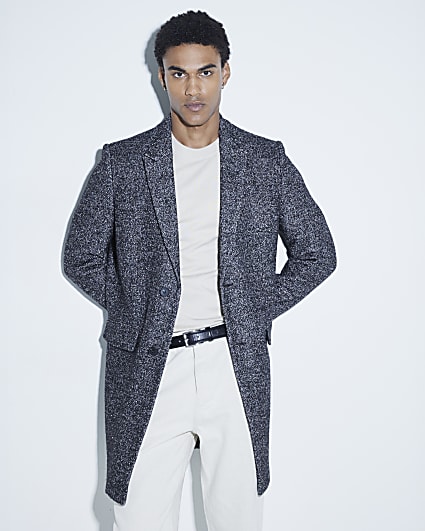 Grey Textured Slim Overcoat