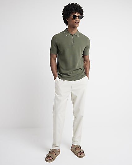 Beige tapered fit pull on trousers