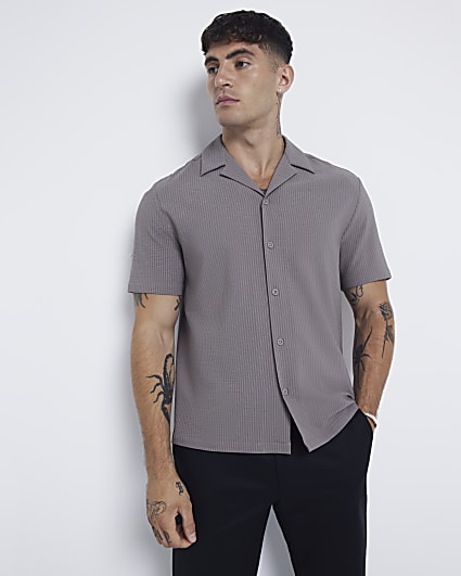 Grey Regular Fit Seersucker Revere Shirt