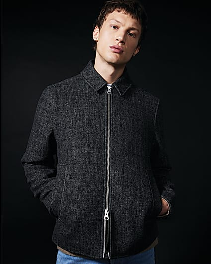 Grey Twill Zip Up Wool Blend Jacket