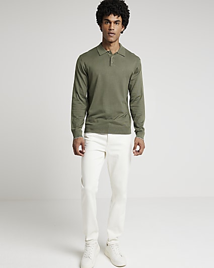 Khaki slim fit knit polo jumper