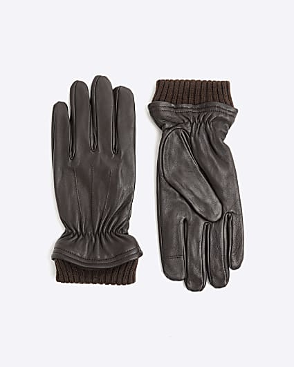 Brown Leather Rib Cuff Gloves