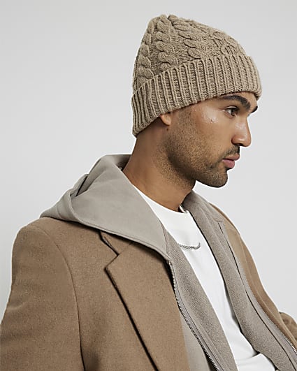 Khaki Chunky Cable Knit Beanie Hat