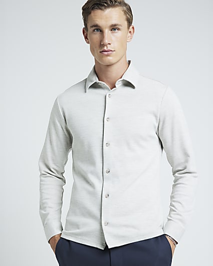 Grey Slim Fit Stretch Long Sleeve Shirt