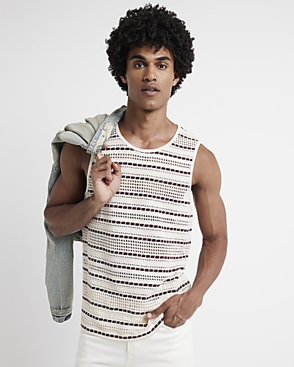 Ecru regular fit crochet stripe vest top