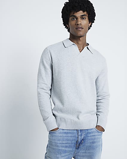 Grey Textured Slim Fit Polo Jumper