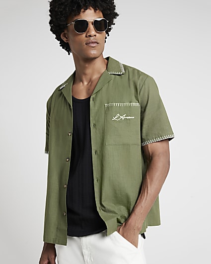 Khaki regular fit stitched revere shirt