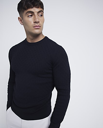 Black muscle fit cable knitted jumper