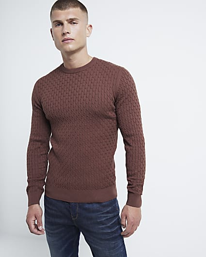 Rust muscle fit cable knitted jumper