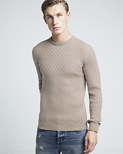 Stone muscle fit cable knitted jumper