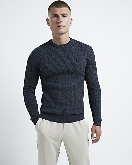 Grey muscle fit cable knit jumper