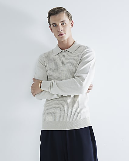 Ecru marl long sleeve stretch textured polo