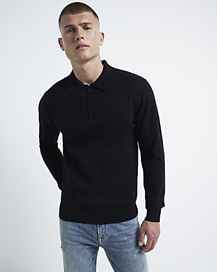 Black slim fit stretch textured knit polo