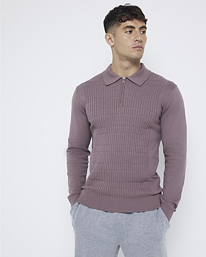 Purple slim fit stretch textured knit polo