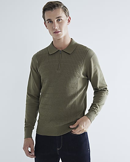 Khaki slim fit stretch textured knit polo