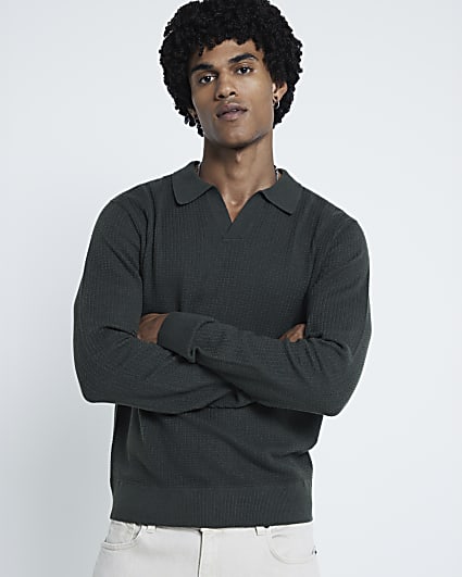 Khaki Textured Slim Fit Polo Jumper