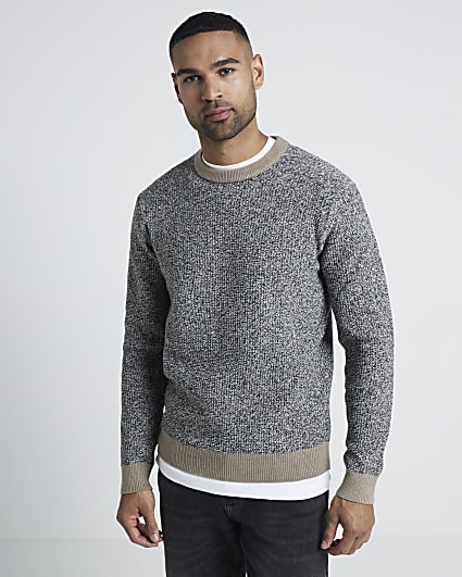 Stone slim fit waffle crew neck jumper