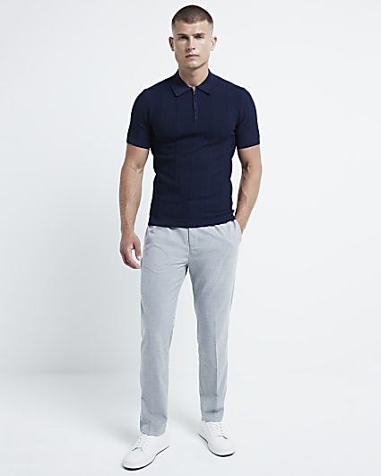 Navy muscle fit herringbone knit polo