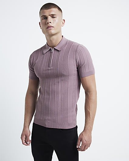 Pink muscle fit herringbone knit polo