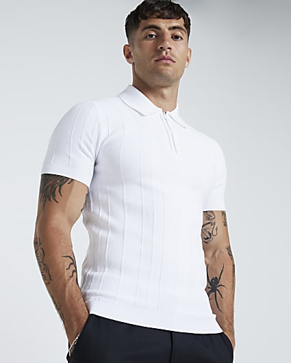 White muscle fit herringbone polo shirt