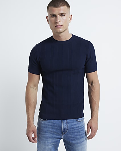 Navy muscle fit herringbone knit t-shirt