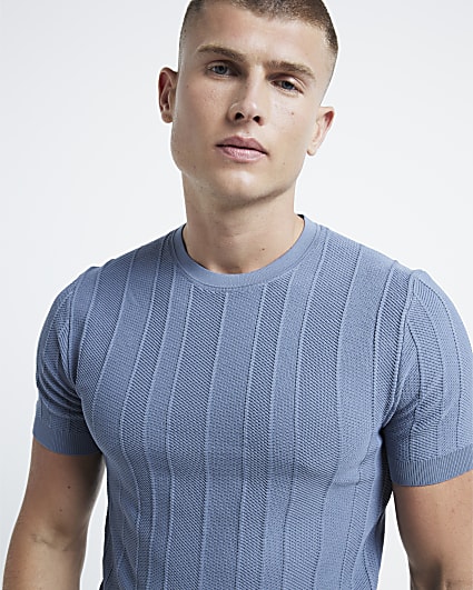 Blue muscle fit herringbone knit t-shirt