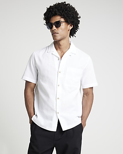 White regular fit linen blend revere shirt