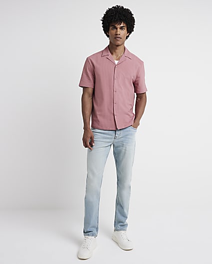 Pink Regular Fit Seersucker Revere Shirt