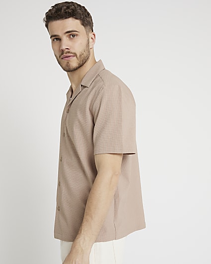 Stone regular fit seersucker revere shirt