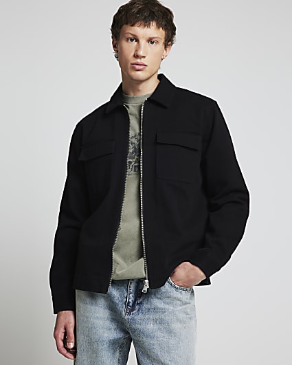 Black textured zip up overshirt