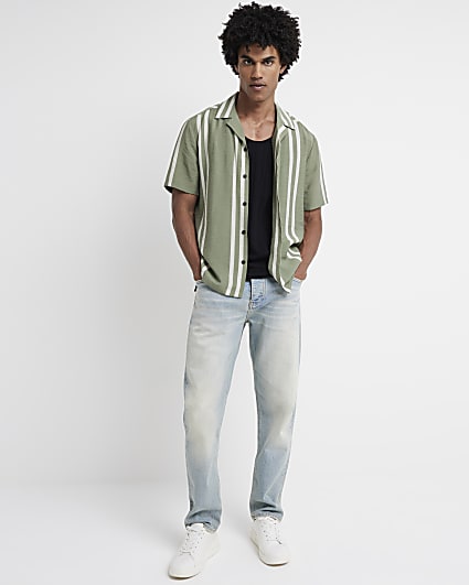 Green regular fit stripe revere shirt