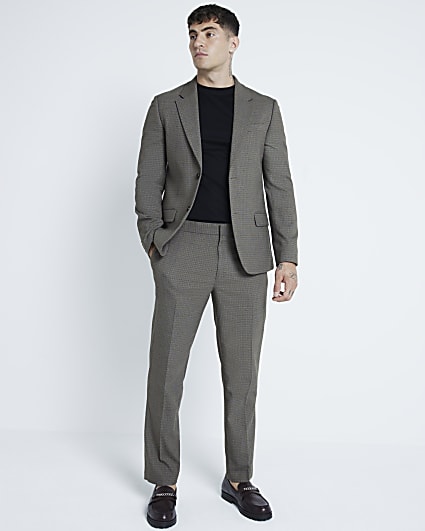 Brown Slim Fit Check Suit Trousers