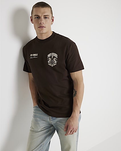 Brown regular fit embossed graphic t-shirt