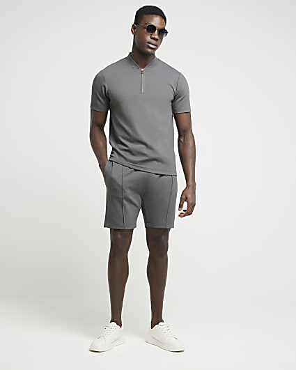 Grey slim fit textured half zip polo