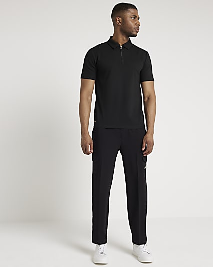 Black slim fit half zip short sleeve polo