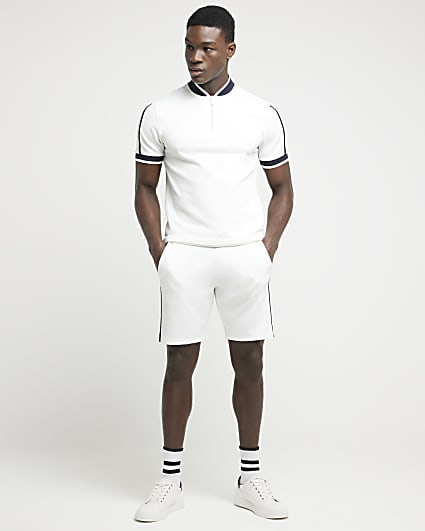 White slim fit textured taped shorts