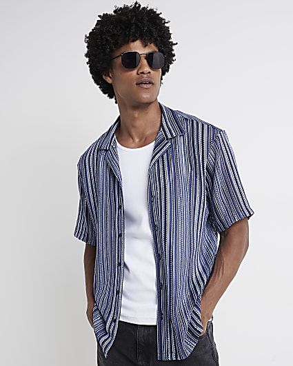 Blue regular fit crochet stripe revere shirt