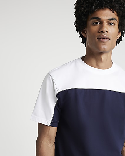 Navy regular fit colour block piping t-shirt