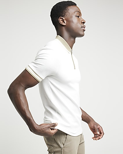 White slim fit textured taped Polo